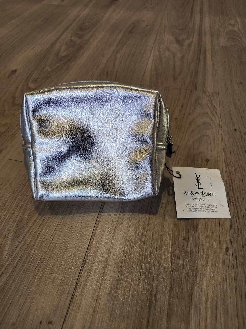 Yves Saint Laurent YSL Beaute Silver Metallic Lip Cosmetic Makeup Bag Pouch